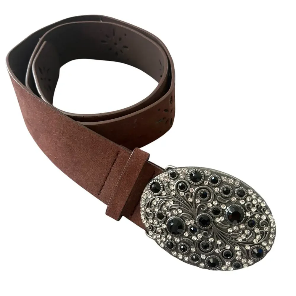 Y2K Style Faux Leather Belt Rhinestone Bling Floral Buckle Boho Western Brown